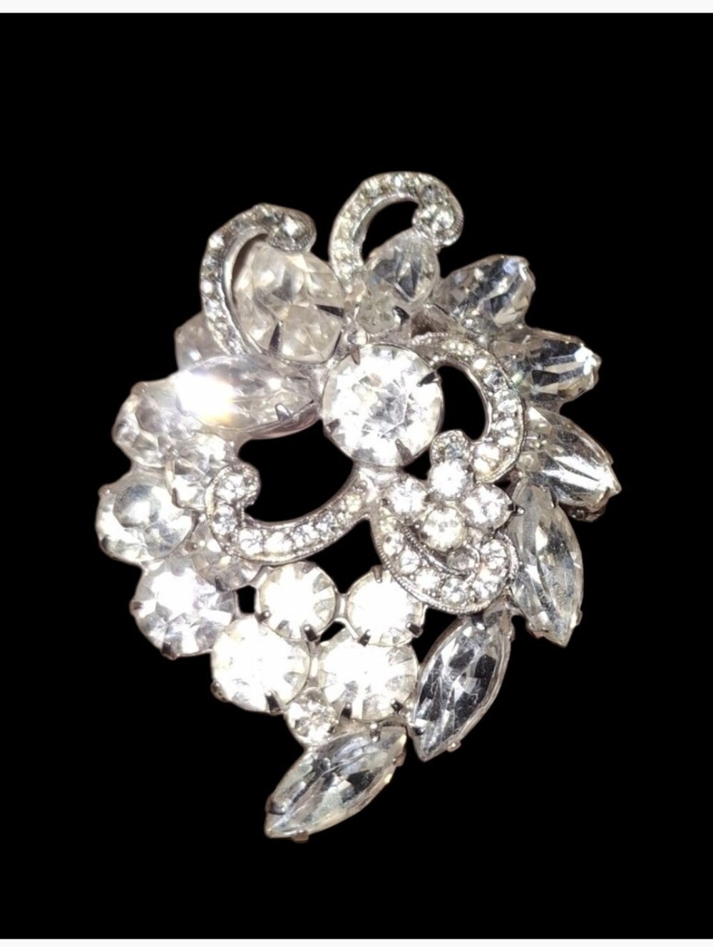 Albert Weiss Crystal Swirl Silvertone Floral Statement Brooch Pin Flaw